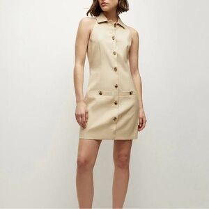 Veronica Beard Roxanne Linen Blend Button-Up Minidress in Stone Khaki Size 14